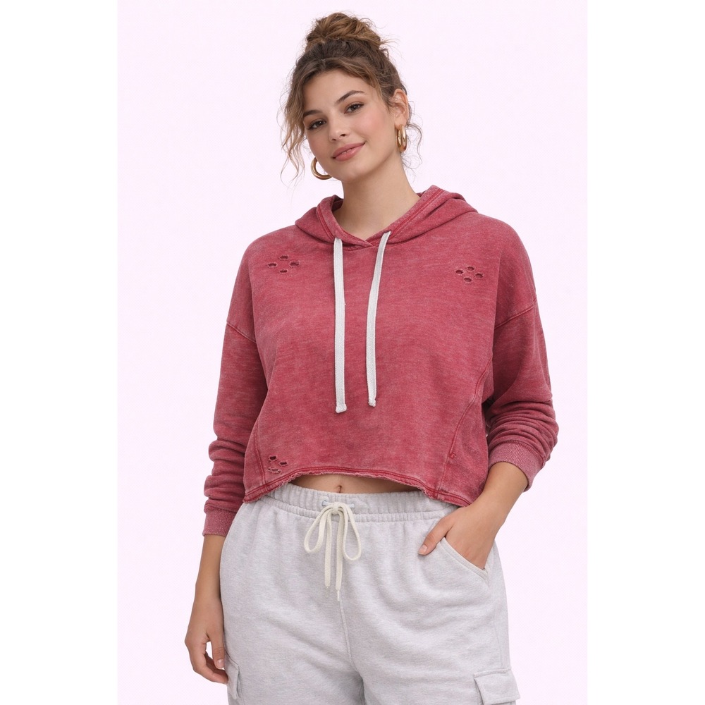 Colsie Hoodie Women Large Pink Distressed Cropped Acid Wash‎ Pullover Grunge